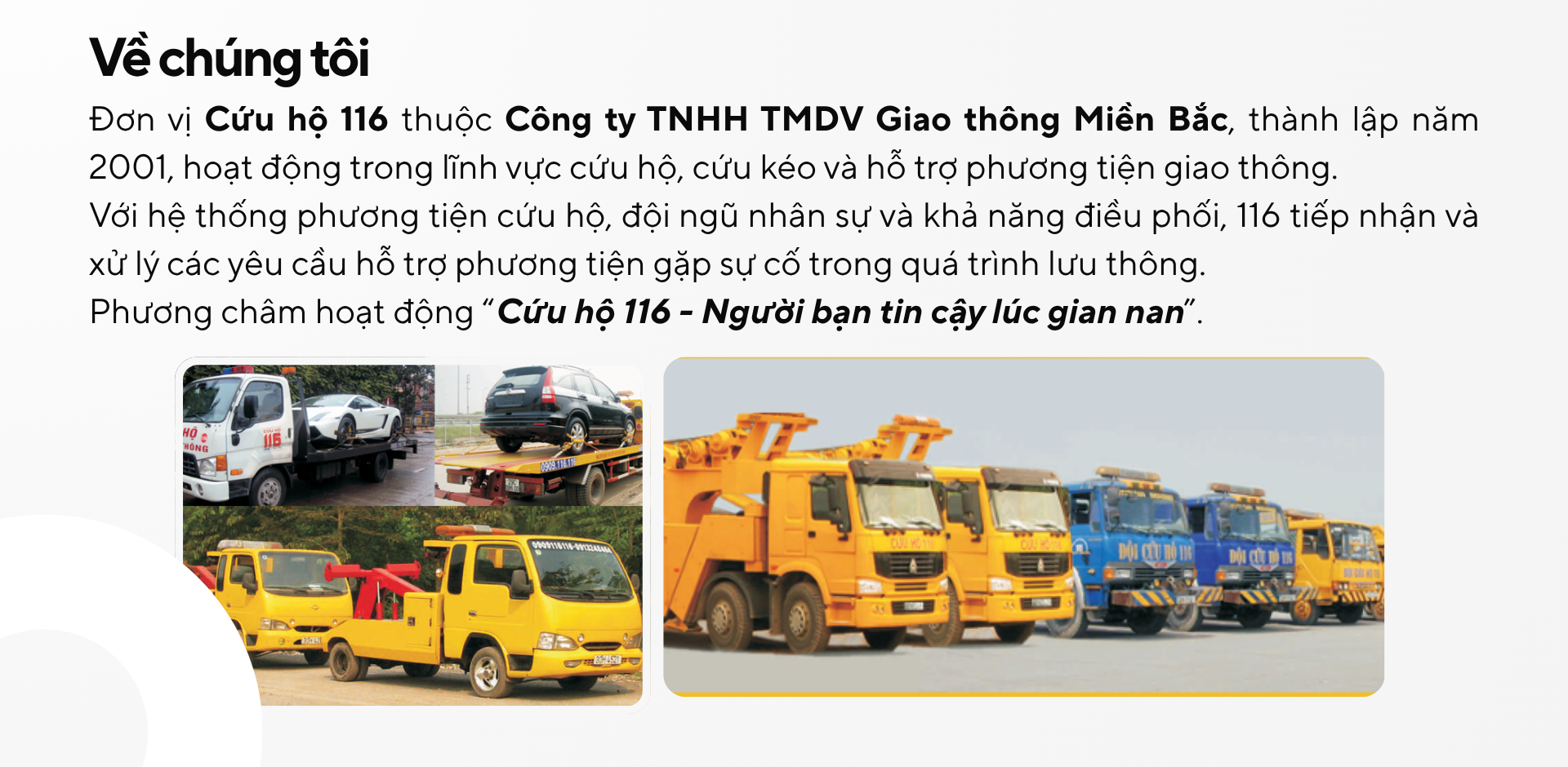 Về chúng tôi - Cứu Hộ 116 thuộc Công ty TNHH TMDV Giao thông Miền Bắc, thành lập năm 2001