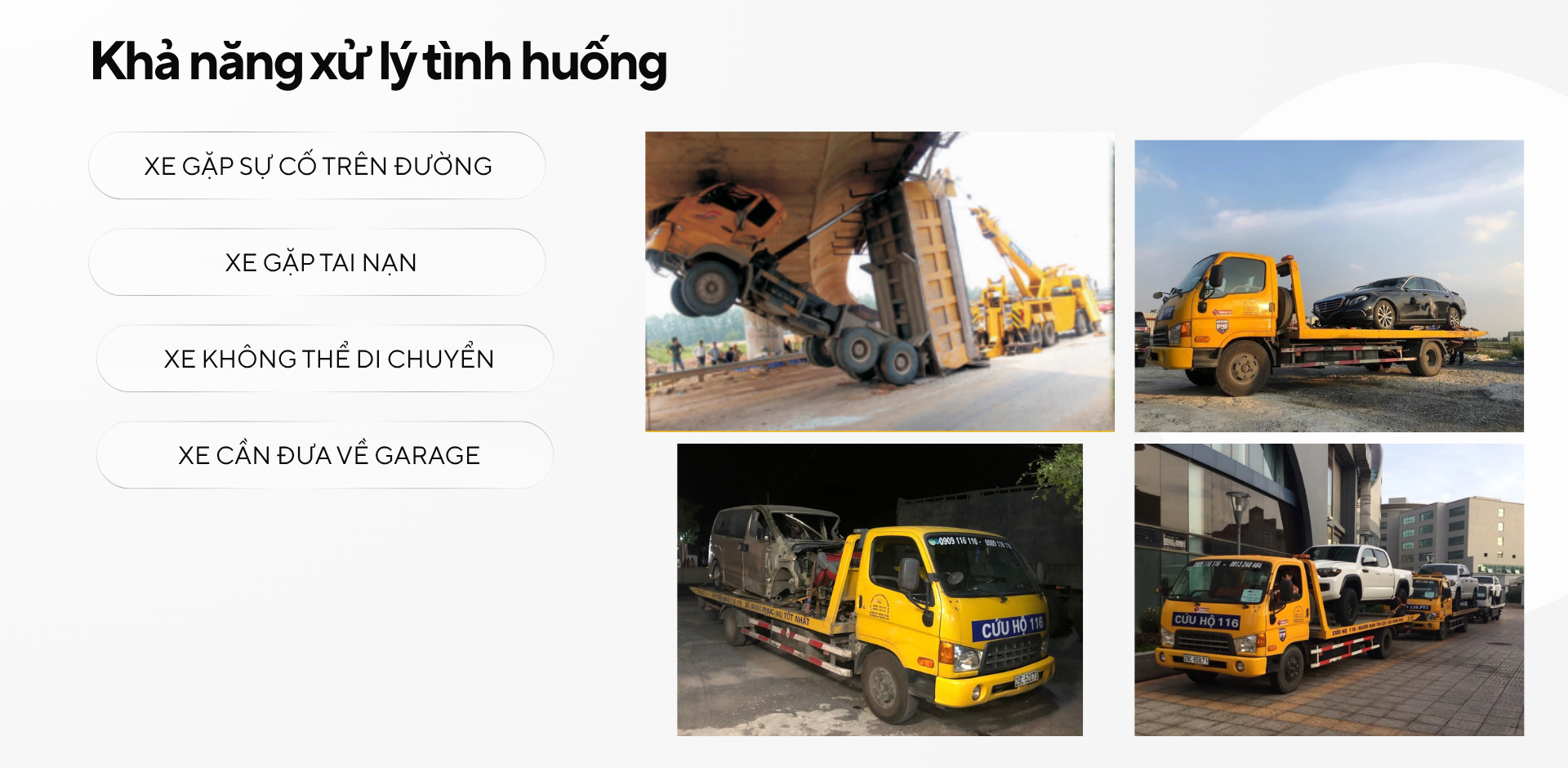 Khả năng xử lý tình huống - Xe gặp sự cố trên đường, Xe gặp tai nạn, Xe không thể di chuyển, Xe cần đưa về garage
